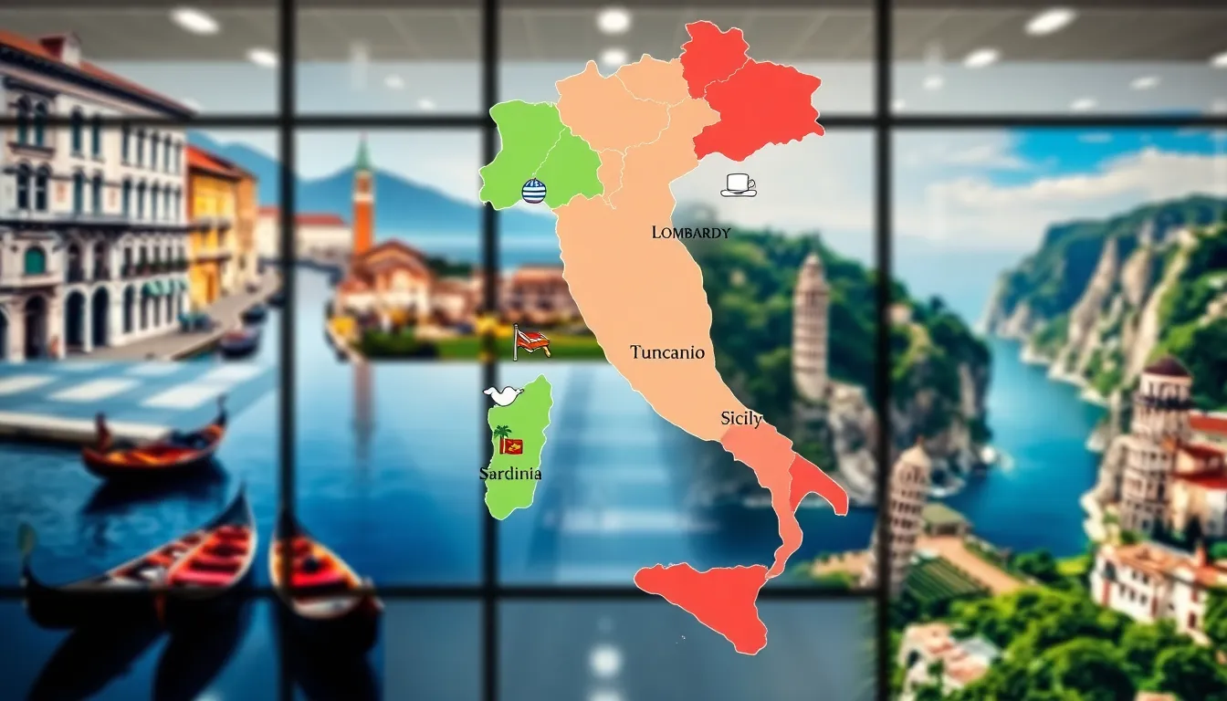 Illustrated map of Italy depicting its diverse regions and attractions.