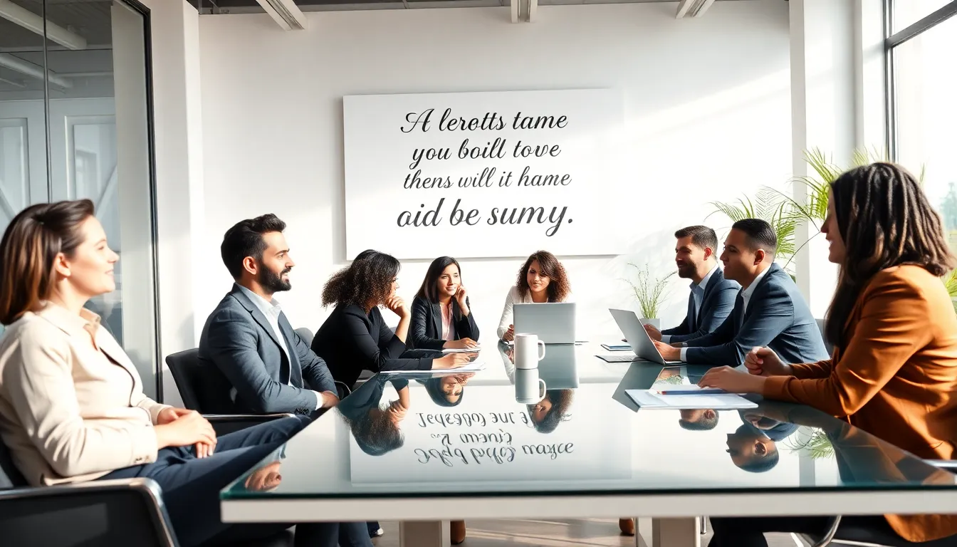 motivated team in an inspiring office setting with a motivational quote.
