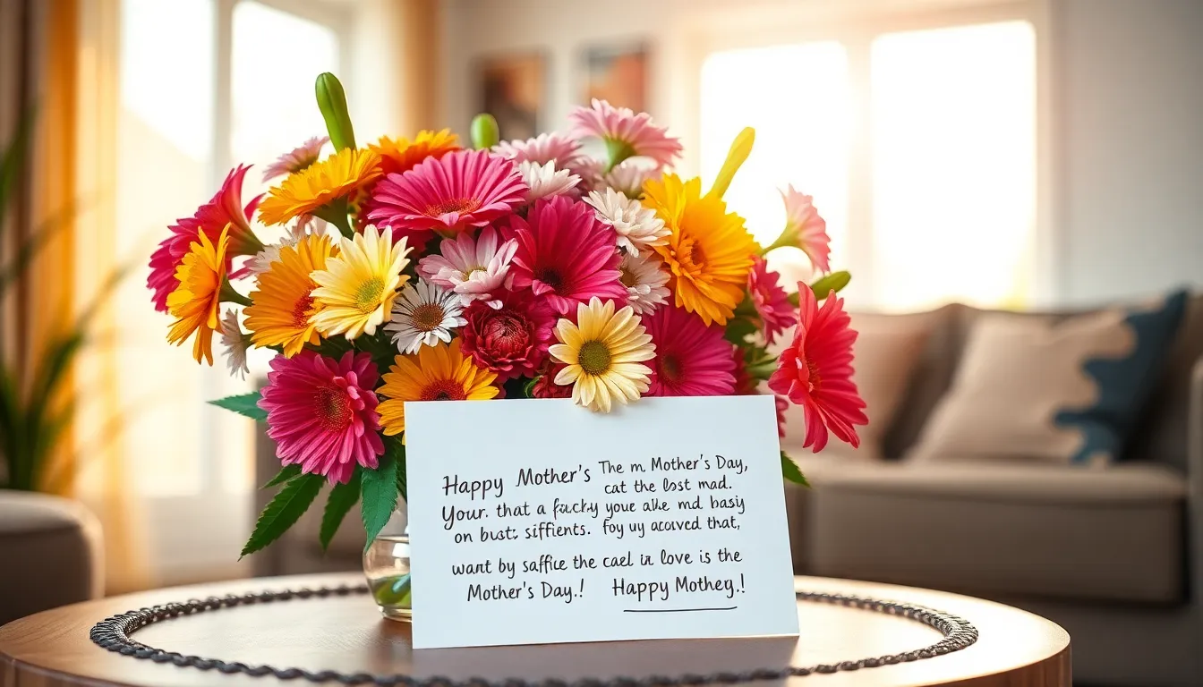 a bouquet and handwritten card celebrating Mother's Day quotes.