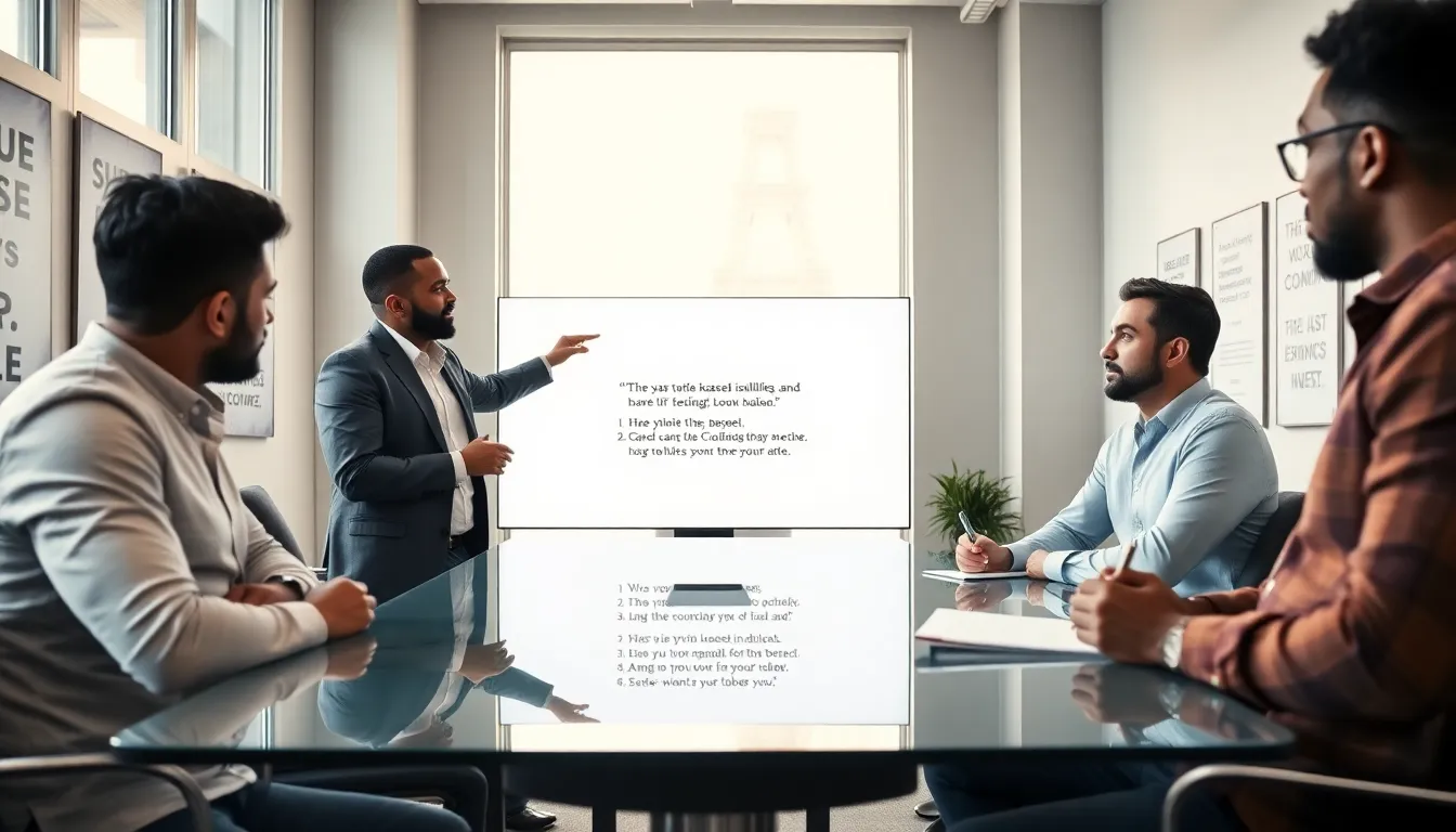 diverse men discussing inspirational quotes in a modern office.